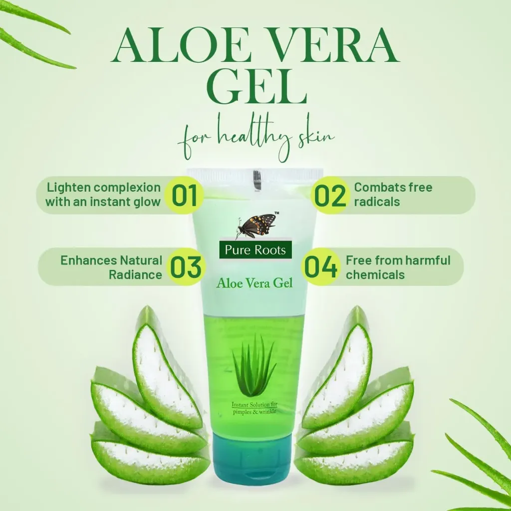 Pure Roots Aloe Vera Face Gel, 60ml Soothing, Hydrating & Brightening Gel for Instant Glow Skin, Acne pipmple Relief | Suitable for All Skin Types