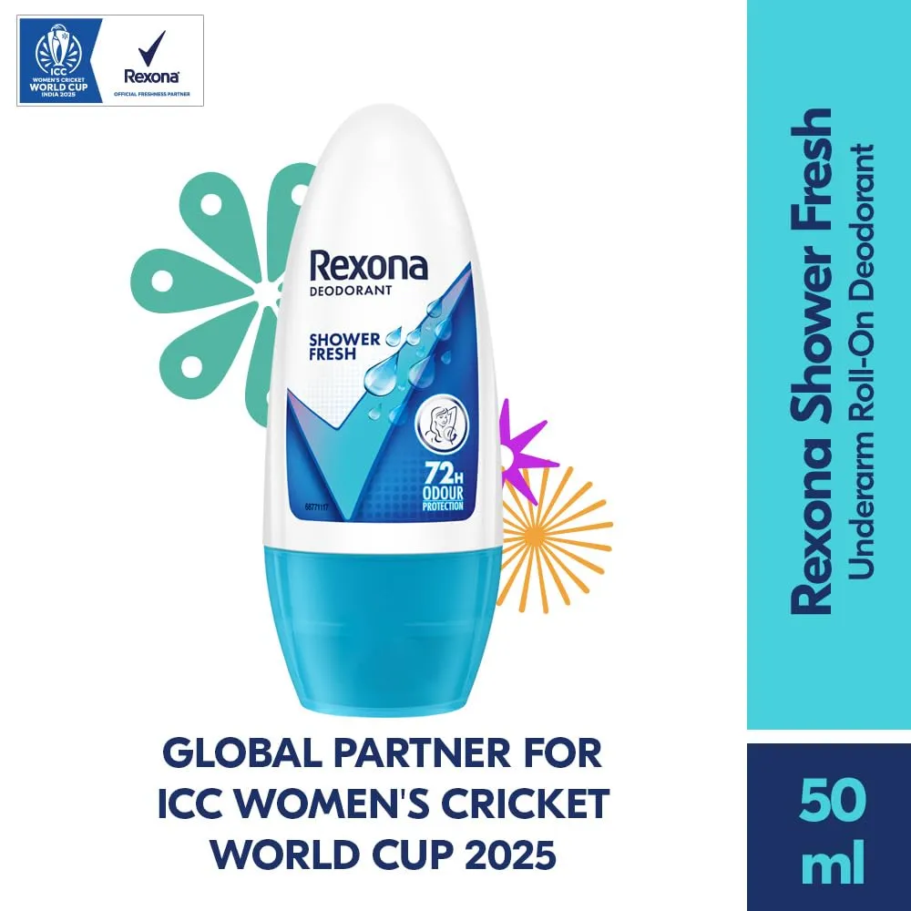 Rexona Shower Fresh Underarm Roll On Deodorant , Antiperspirant, Removes Odour, Keeps Skin Fresh & Clean, Alcohol Free, Skin Friendly, 50 ml