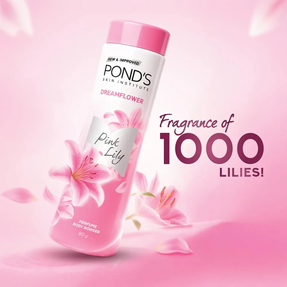 POND'S Dreamflower Floral Perfumed Powder With Glow-boosting Vitamin B3 | Crafted With Superfine Minerals For Smooth Texture| Refreshing Long-Lasting Fragrance of Pink Lily| 100 gm