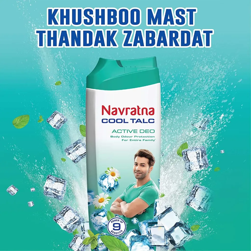 Navratna Cool Talc Active Deo | Talcum Powder | Body Odour Protection & Strong Cooling Effect | Long Lasting Freshness & Fragrance