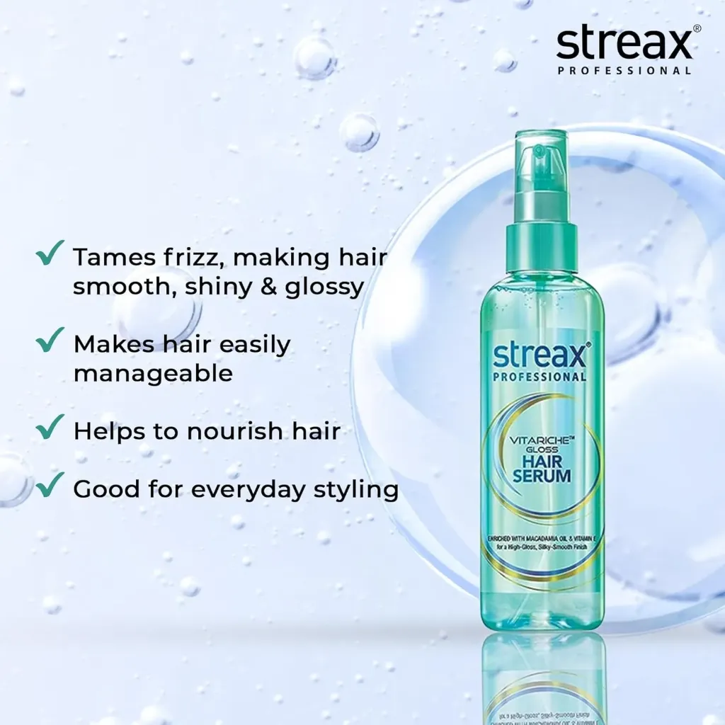 Streax Professional Vitariche Gloss Hair Serum | Frizz-Free Hair | Enhance Shine and Smoothness | With Vitamin E & Macadamia Oil| | For All Hair Types