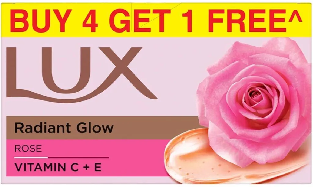 LUX Soft Glow Buy 4 Get 1 Free Offer Rose & Vitamin E Bathing Soap For Glowing Skin Beauty Soaps (5 x 100 g)