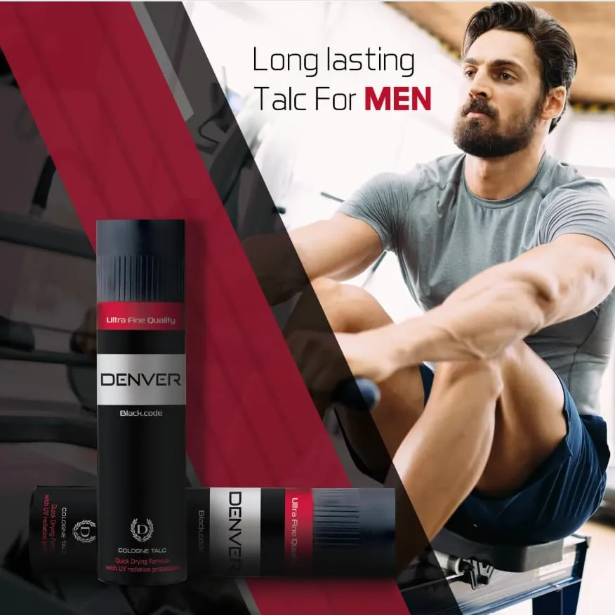 DENVER Black Code Cologne Talc - 300GM | Scented Talcum Powder for Men