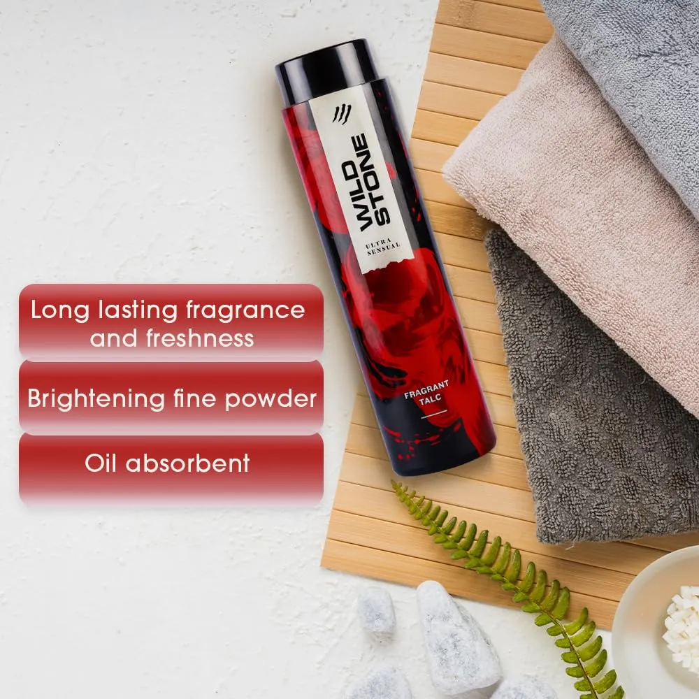 Wild Stone Ultra Sensual Talcum Powder for Men, 50gm, Perfumed Deodorant Talc with Masculine Aromas, Keeps You Smelling Fresh All-day Long