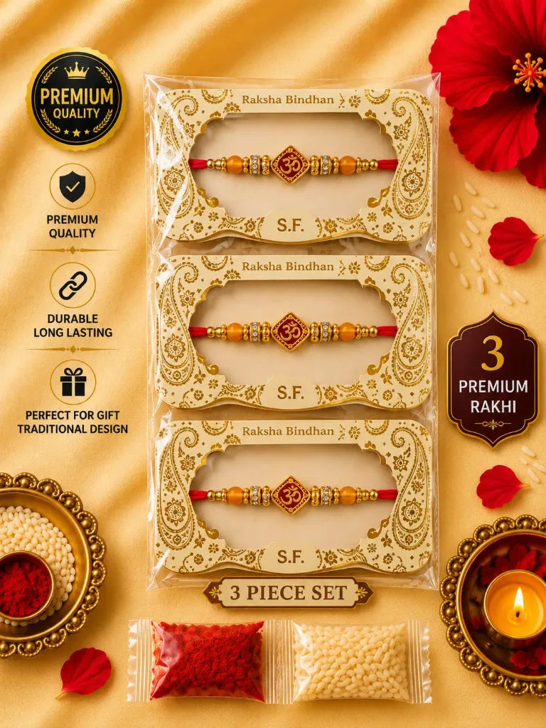 3 pcs of Premium Traditional Rakhi for Brother with Roli Chawal – 100% Genuine Quality Elegant Raksha Bandhan Gift for Bhaiya