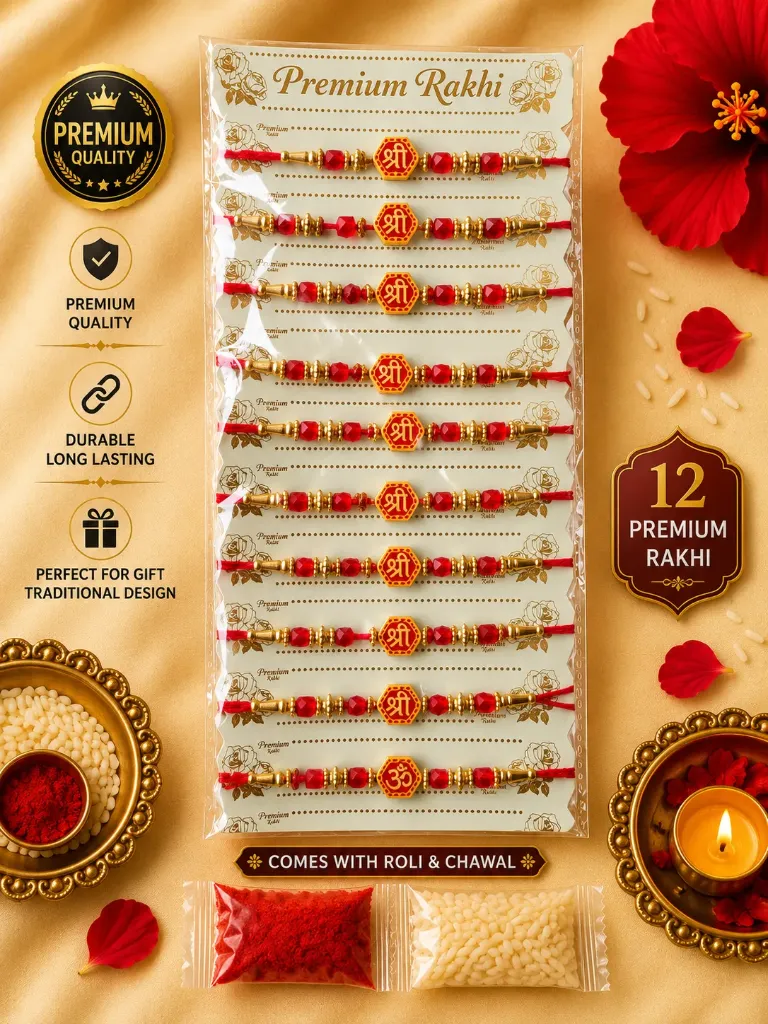12 pcs of Premium Traditional Rakhi for Brother with Roli Chawal – 100% Genuine Quality Elegant Raksha Bandhan Gift for Bhaiya