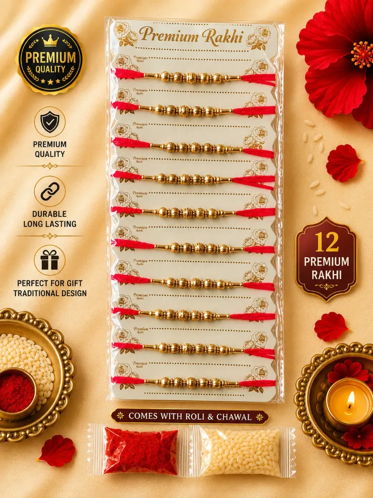 12 pcs of Premium Traditional Rakhi for Brother with Roli Chawal – 100% Genuine Quality Elegant Raksha Bandhan Gift for Bhaiya